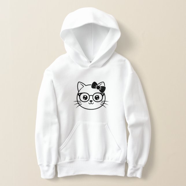 Kawaii Nerdy Cat Face with Glasses and Bow Line Ar Hoodie (Laydown)