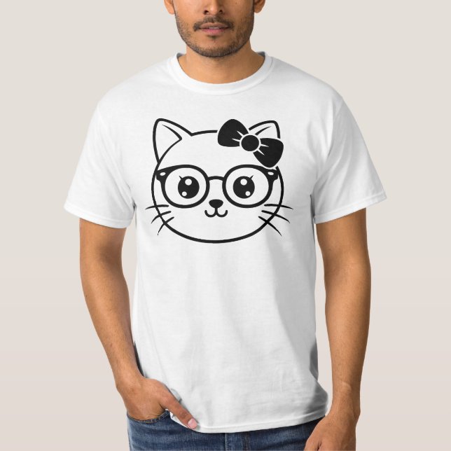 Kawaii Nerdy Cat Face with Glasses and Bow Line Ar T-Shirt (Front)