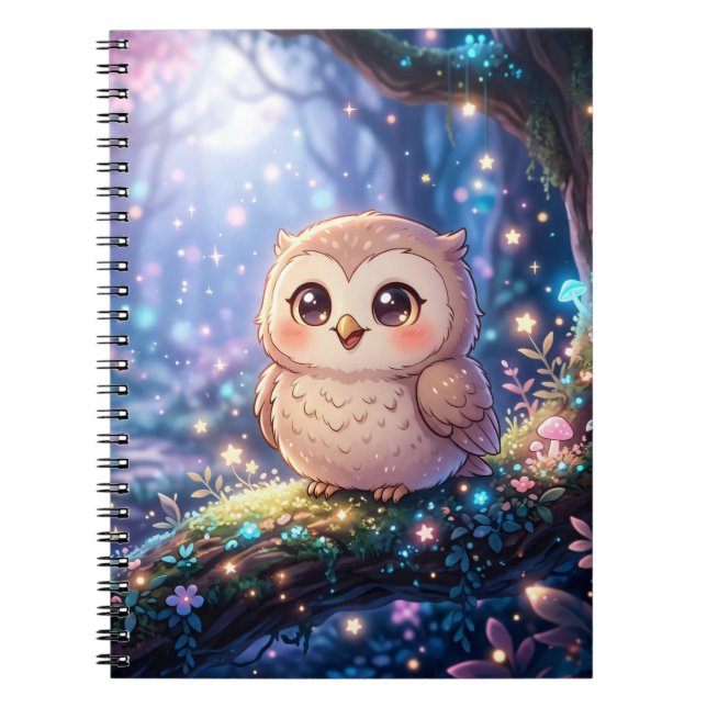 Kawaii Night Owl Notebook, Magical Owl Spiral Note Notebook (Front)