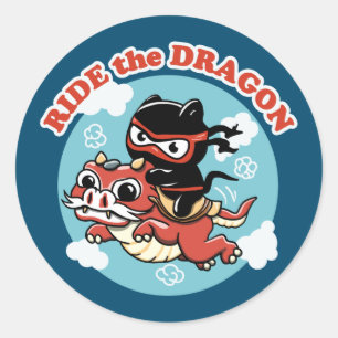 Kawaii Ninja Cat Ride The Dragon Classic Round Sticker