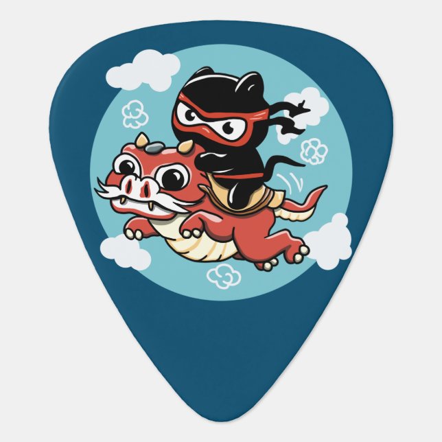 Kawaii Ninja Cat Riding a Red Dragon Guitar Pick (Front)