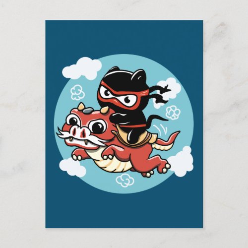 Kawaii Ninja Cat Riding a Red Dragon Postcard