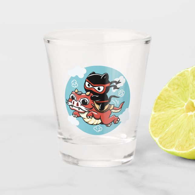Kawaii Ninja Cat Riding a Red Dragon Shot Glass (Front)
