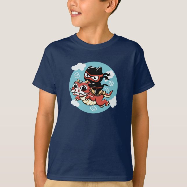 Kawaii Ninja Cat Riding a Red Dragon T-Shirt (Front)