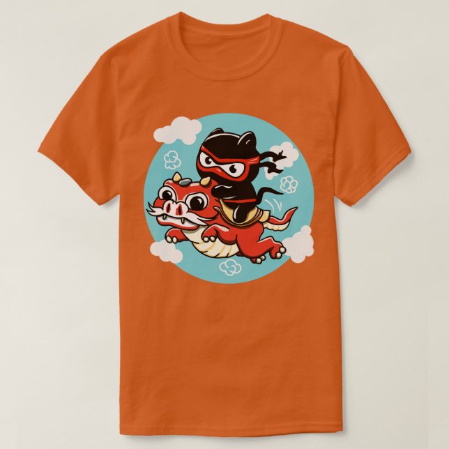 Kawaii Ninja Cat Riding a Red Dragon T-Shirt (Design Front)