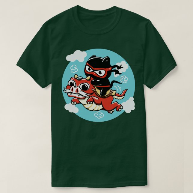 Kawaii Ninja Cat Riding a Red Dragon T-Shirt (Design Front)