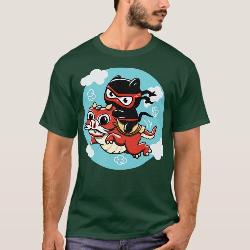 Kawaii Ninja Cat Riding a Red Dragon T_Shirt