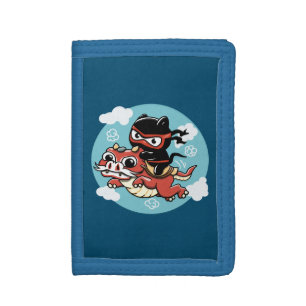 Kawaii Ninja Cat Riding a Red Dragon Tri-fold Wallet