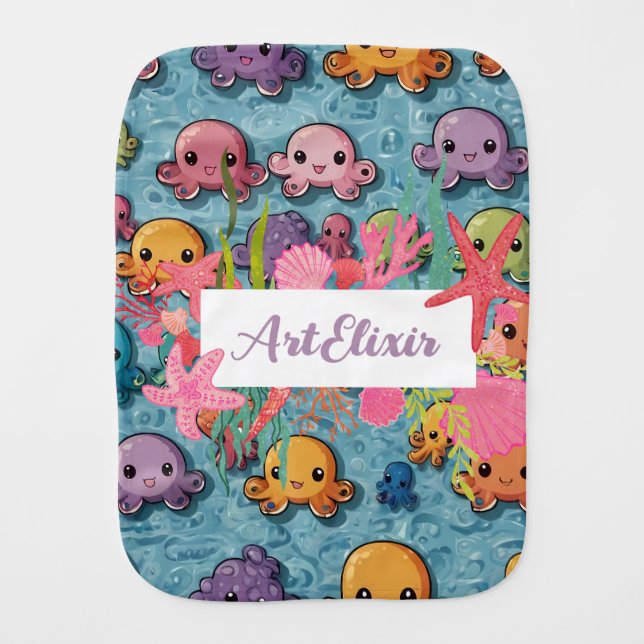 Kawaii Octopus Pattern Print  Baby Burp Cloth (Front)