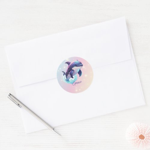 Kawaii Orca Killer Whale Personalized Blue  Pink Classic Round Sticker