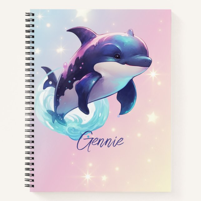 Kawaii Orca Killer Whale Personalized Blue & Pink Notebook (Front)
