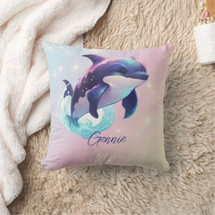Kawaii Orca Killer Whale Personalized Blue & Pink Throw Pillow
