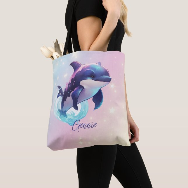 Kawaii Orca Killer Whale Personalized Blue & Pink Tote Bag (Close Up)