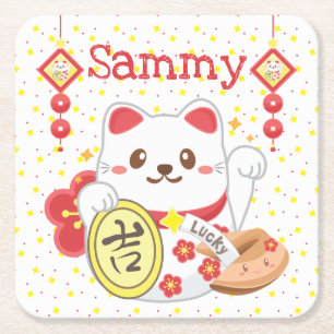 Kawaii Oriental Lucky Cat Square Paper Coaster