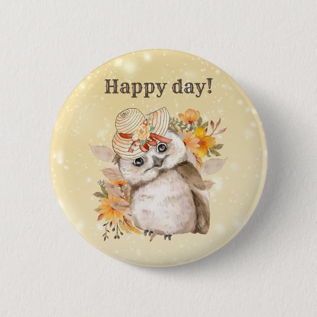 kawaii owl with warm leaves background button (Front)