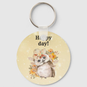 kawaii owl with warm leaves background keychain