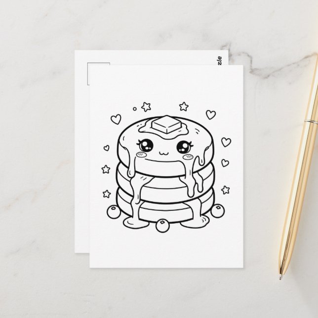 Kawaii pancake stack coloring postcard (Front/Back In Situ)