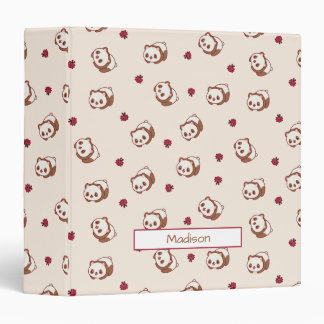 Kawaii Panda Adorable Beige Pattern Red Flowers 3 Ring Binder