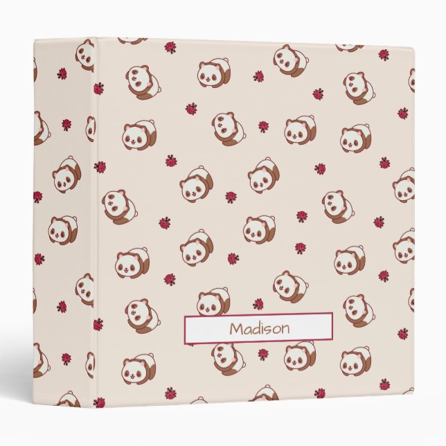 Kawaii Panda Adorable Beige Pattern Red Flowers 3 Ring Binder (Front/Spine)