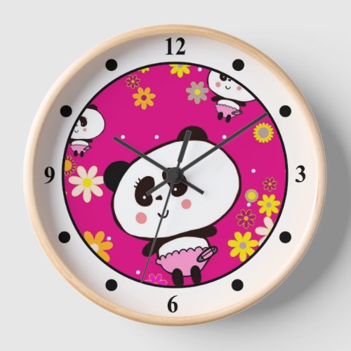 Kawaii Panda Bear Baby Girly Doodles by LeahG Roun Clock
