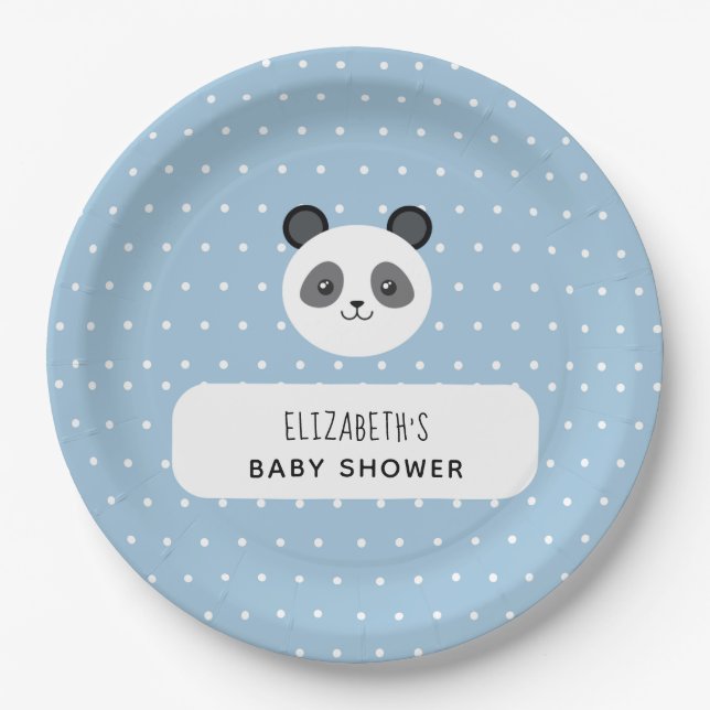 Kawaii Panda Blue Boy Polka Dots Baby Shower Paper Plates (Front)