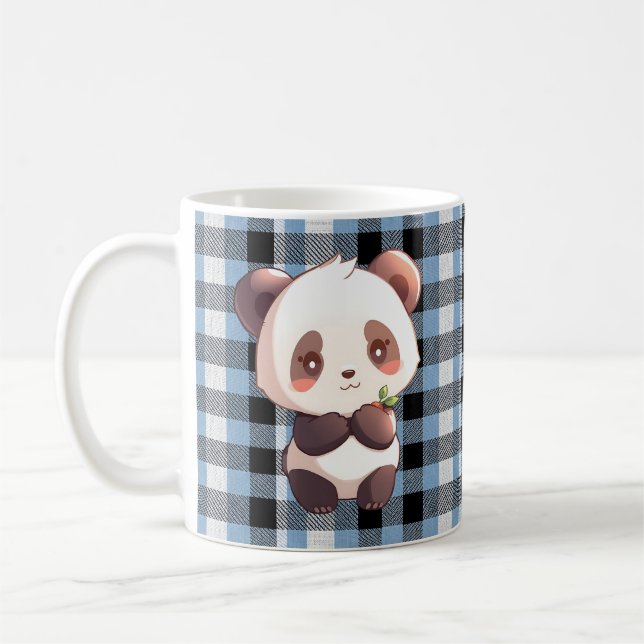 Kawaii Panda Blue Buffalo Plaid Coffee Mug Gift  (Left)