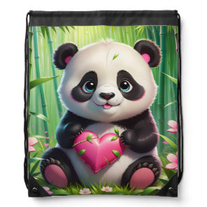 Kawaii Panda Holding Heart in a Bamboo Forest Drawstring Bag