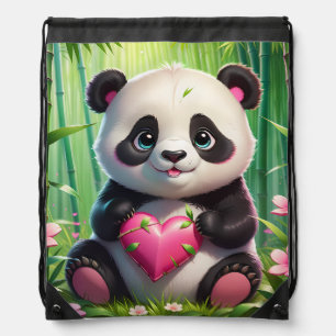 Kawaii Panda Holding Heart in a Bamboo Forest Drawstring Bag