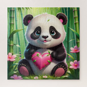Kawaii Panda Holding Heart in a Bamboo Forest Jigsaw Puzzle