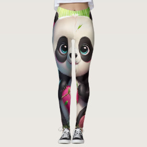 Kawaii Panda Holding Heart in a Bamboo Forest Leggings