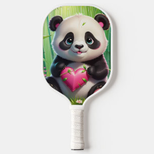 Kawaii Panda Holding Heart in a Bamboo Forest Pickleball Paddle