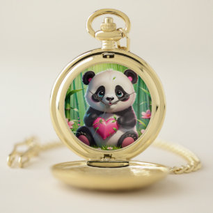 Kawaii Panda Holding Heart in a Bamboo Forest Pocket Watch