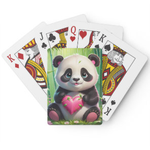 Kawaii Panda Holding Heart in a Bamboo Forest Poker Cards