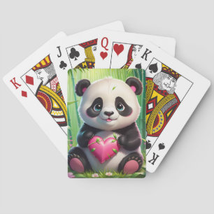 Kawaii Panda Holding Heart in a Bamboo Forest Poker Cards