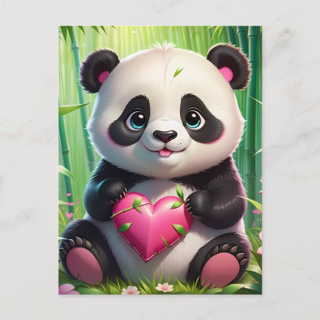 Kawaii Panda Holding Heart in a Bamboo Forest Postcard (Front)
