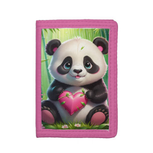 Kawaii Panda Holding Heart in a Bamboo Forest Trifold Wallet