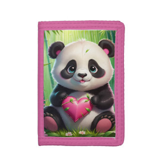 Kawaii Panda Holding Heart in a Bamboo Forest Trifold Wallet