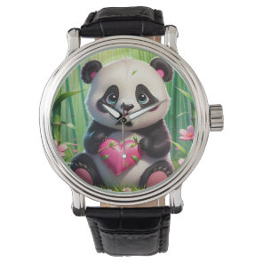 Kawaii Panda Holding Heart in a Bamboo Forest Watch