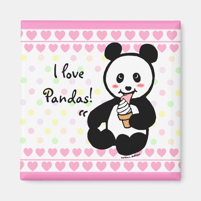 Kawaii Panda Ice Cream Cartoon Hearts Magnet (Front)