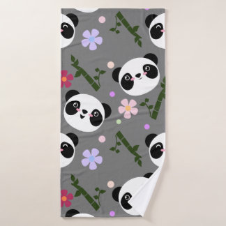 Kawaii Panda on Gray Bath Towel