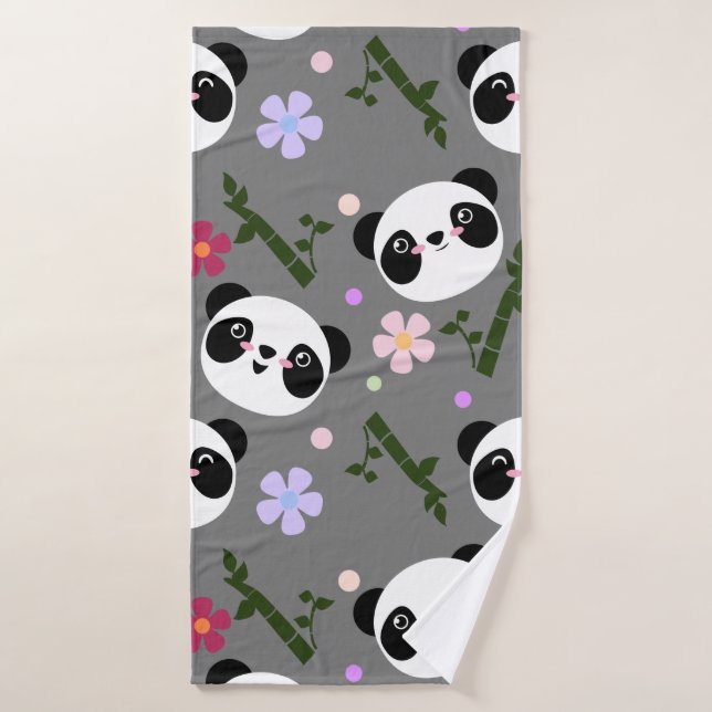 Kawaii Panda on Gray Bath Towel (Bath Towel)
