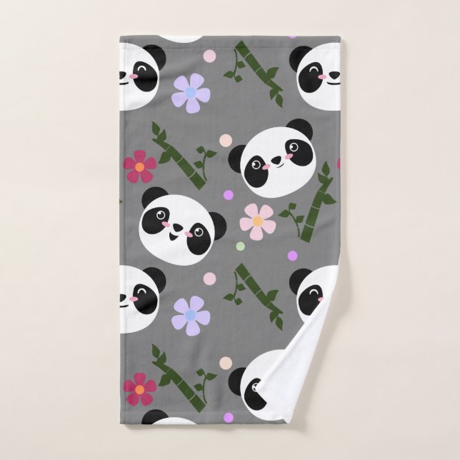 Kawaii Panda on Gray Hand Towel (Hand Towel)