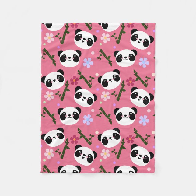 Kawaii Panda on Pink Fleece Blanket (Front)