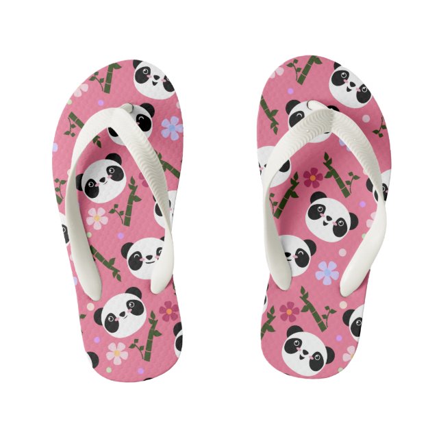 Kawaii Panda on Pink Kid's Flip Flops (Footbed)