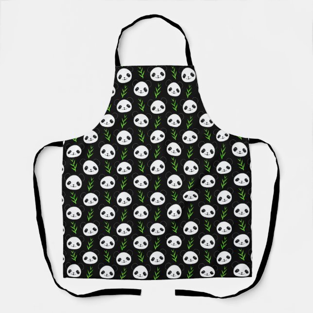 Kawaii Panda Pattern Bamboo In Black White Green Apron (Front)