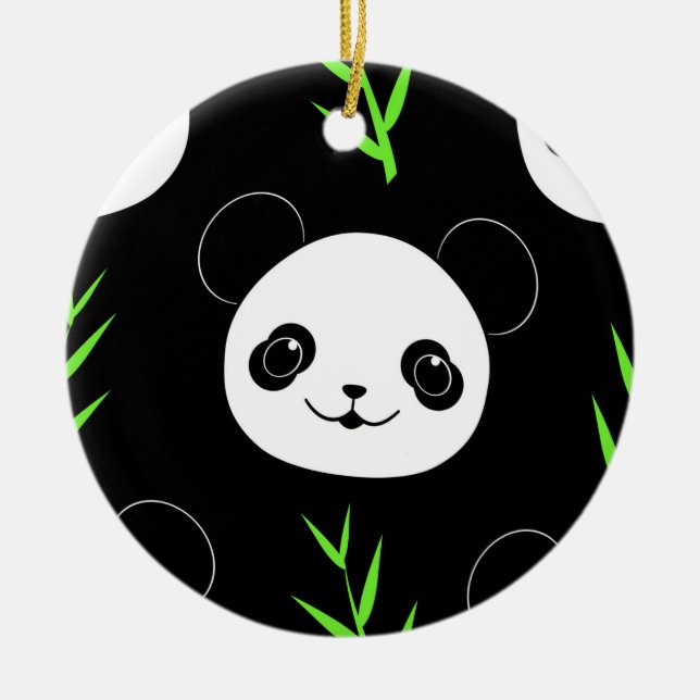 Kawaii Panda Pattern Bamboo In Black White Green Ceramic Ornament (Front)