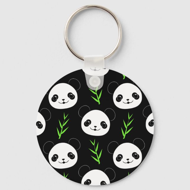 Kawaii Panda Pattern Bamboo In Black White Green Keychain (Front)