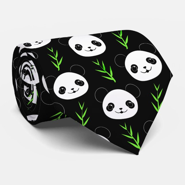 Kawaii Panda Pattern Bamboo In Black White Green Neck Tie (Rolled)