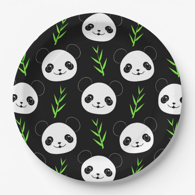 Kawaii Panda Pattern Bamboo In Black White Green Paper Plates (Front)