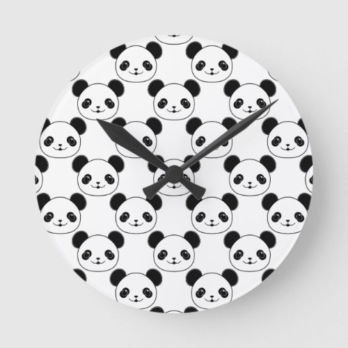 Kawaii Panda Pattern In Black And White Round Clock